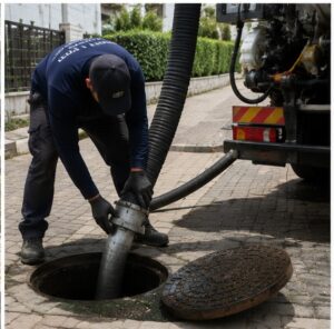 טכנאי מכניס צינור שאיבה לשוחת ביוב – אליאב אינסטלציה ופרויקטים