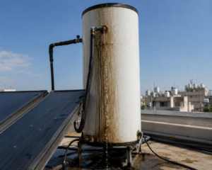 נזילת מים מדוד שמש על גג בניין – אליאב אינסטלציה ופרויקטים
